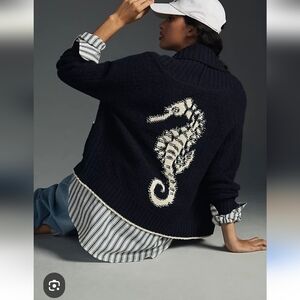 Anthropologie Navy Cowl Neck Sweater with Seahorse